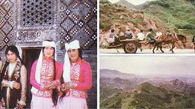 LEFT: These Soviet Asian girls await their turn to try out for a folk song and dance festival. TOP RIGHT: An old cart with modern tires is a proper symbol for China today. BOTTOM RIGHT: The Great Wall of China is spectacular, and so is the view from the top!